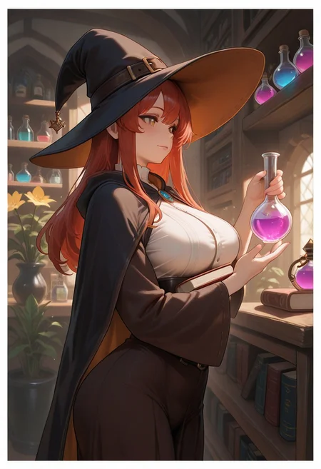masterpiece, best quality, newest, highres, absurdres, 1girl, potion store, magic potion shelf, plant, witch, flower, books, traditional, fantasy,