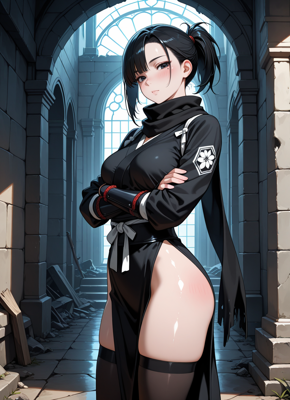 1girl, prefect lighting, very aesthetic, intricate details, highly detailed background, masterpiece, high quality, prefect hands, best quality, solo, black hair, dark eyes, asymmetrical bangs, ponytail, mole under eye, big nose, half-closed eyes, ninja outfit, long sleeves, wrist guards, side slit, thighhighs, scarf, crossed arms, looking at viewer, expressionless, head tilt, dungeon, ruins, dimly lit, (Beautiful, medium Breasts:1.2), natural breasts,, <BREAK> , masterpiece, amazing quality, best quality, ultra-detailed, 8K, illustration, CG, clear skin, ultra-detailed-eyes, soft skin, shiny skin, shiny hair, very awa, very as2, anime coloring,, , shiny, shiny skin, shiny hair, soft body,, <BREAK> (body blush:1.2),
