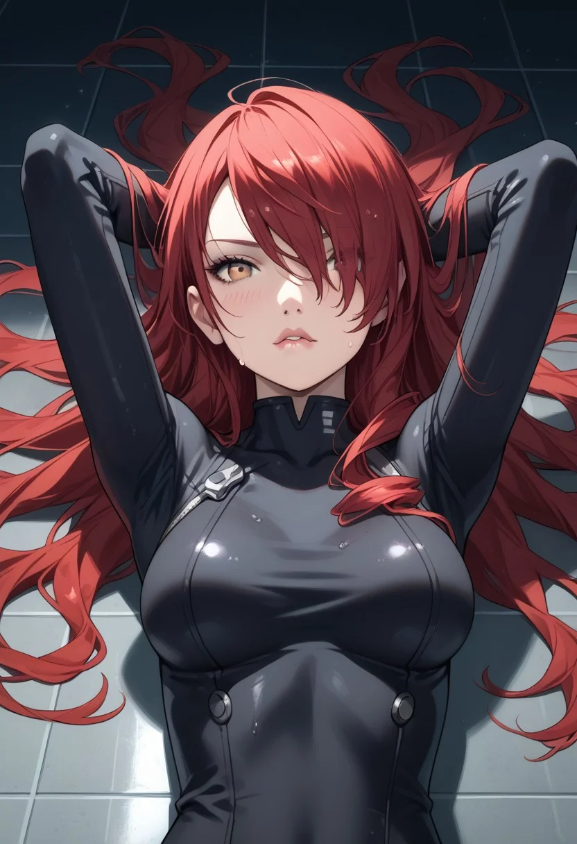 masterpiece,best quality, highly detailed, score_9, score_8_up, score_7_up, score_6_up, source_cartoon, p3mitsuru, kirijou mitsuru, long hair, red hair, hair over one eye,
 BREAK
 BREAK
1girl, close-up, chrome floor, space station, reflective floor, dim lighting, large breasts, wet skin, flushed cheeks, messy hair, sweaty, sensual expression, biting lip, detailed textures, glossy liquid, raw emotion, explicit focus, eye contact, erotic tension, intimate atmosphere, laying on floor, on back,, hair in face, looking at viewer, bodysuit, black bodysuit, arms behind head, upset, close-up, skin-tight, 
 BREAK
dynamic light, cold_light, vibrant colors cold_colors, soft focus, high contrast, textured surfaces, depth of field, rgb lighting, dramatic shadows, rich details, blue color palette, playful composition.
,dynamic angle,dynamic light,background,