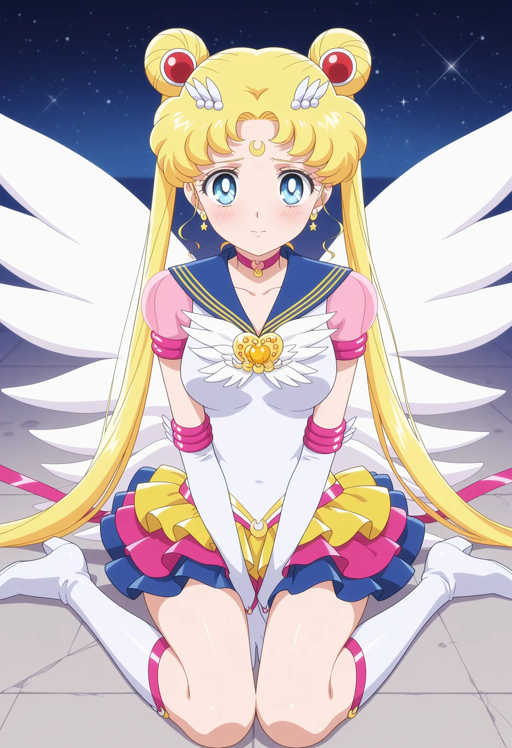 1girl,solo,tsukino usagi,sailor moon,magical girl,blue eyes,sailor senshi uniform,twintails,sailor collar,jewelry,hair bun,crescent facial mark,forehead mark,choker,hair ornament,brooch,earrings,elbow gloves,layered skirt,multicolored skirt,short sleeves,see-through sleeves,wings,knee boots,<lora:eternal_sailor_moon.v3:1>,
looking at viewer,blush,breasts,sitting,wariza,closed mouth,between legs,
masterpiece,best quality,amazing quality,