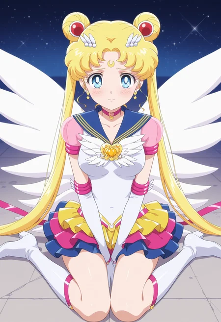 1girl,solo,tsukino usagi,sailor moon,magical girl,blue eyes,sailor senshi uniform,twintails,sailor collar,jewelry,hair bun,crescent facial mark,forehead mark,choker,hair ornament,brooch,earrings,elbow gloves,layered skirt,multicolored skirt,short sleeves,see-through sleeves,wings,knee boots,<lora:eternal_sailor_moon.v3:1>,
looking at viewer,blush,breasts,sitting,wariza,closed mouth,between legs,
masterpiece,best quality,amazing quality,