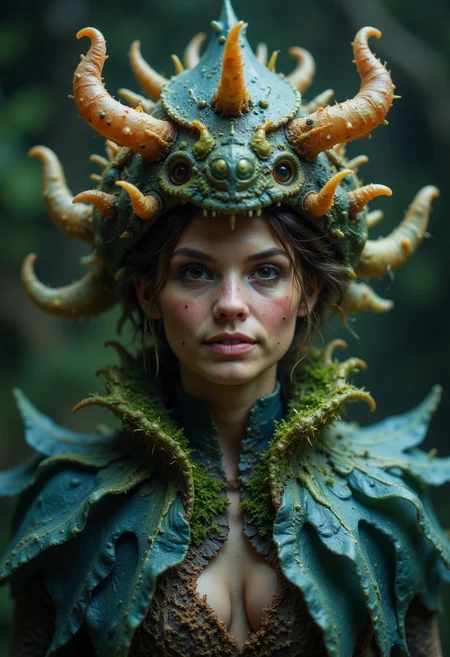exteme closeup portrait of a blushed laughing freckled natural woman with a flamboyant translucent dark-blue/green and brown/beige high collar dress made of mossy, slimy, translucent organic material and fungus, with a towering spiked living war-crown with eyes, otherworldly, low key glowing elements, very detailed, moody, high quality, hyperrealistic, inspired by insect fairy or some stuff