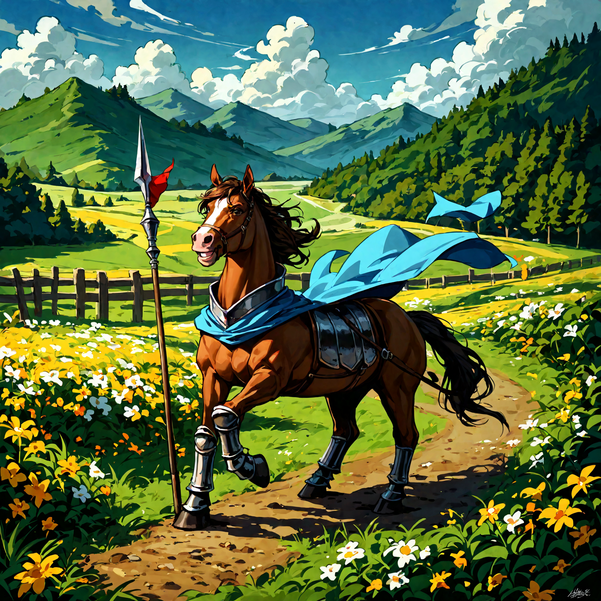 score_9,score_8_up,score_7_up,best quality,masterpiece,super detailed,extreme detailed,full_body,zPDXL BREAK (nature:1.1),(field:1.1),
<lora:Pony_DetailV2.0:1> BREAK 1girl,Cavalier,knight,armor,cape,gloves,horse,horseback riding,holding spear,fighting stance,<lora:Cavalier-v2-pony-000028:1,