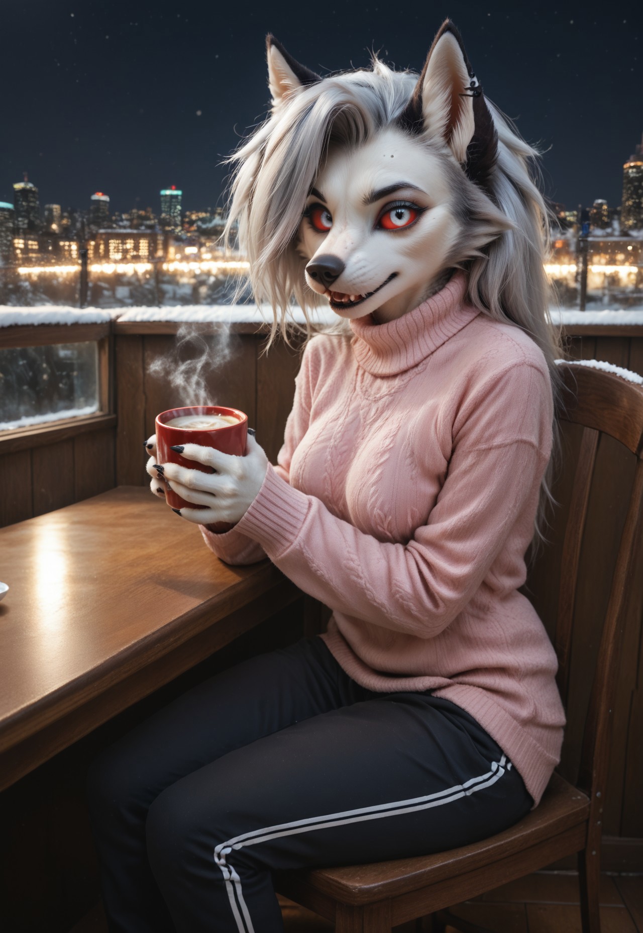 Masterpiece, best quality, amazing quality, female,   lidded eyes, photorealistic, realistic proportions,  beautiful photo, realistic lighting, masterpiece, high quality, score_9, score_8_up, score_7_up, score_6_up, score_5_up, 
loona_helluva_boss, furry, furry female, anthro, red sclera, white eyes, detailed eyes, fur, furry, covered in fur, no outline, medium breasts, 

happy, holding hot cocoa with steam, sitting in chair with table, outside, 

pink sweater, warm clothing, sweat pants, winter, city, night, 