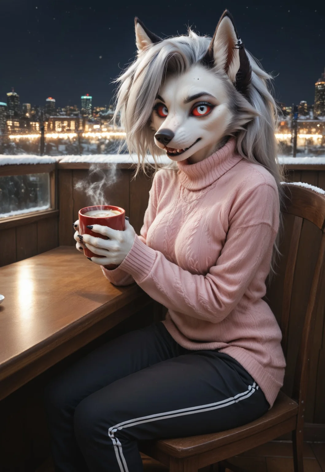 Masterpiece, best quality, amazing quality, female, lidded eyes, photorealistic, realistic proportions, beautiful photo, realistic lighting, masterpiece, high quality, score_9, score_8_up, score_7_up, score_6_up, score_5_up,
loona_helluva_boss, furry, furry female, anthro, red sclera, white eyes, detailed eyes, fur, furry, covered in fur, no outline, medium breasts,
happy, holding hot cocoa with steam, sitting in chair with table, outside,
pink sweater, warm clothing, sweat pants, winter, city, night,