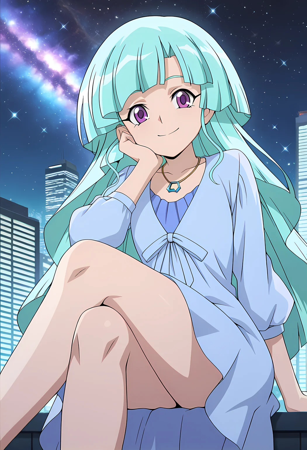 masterpiece,best quality,amazing quality,

solo, 

Saya Yatomi (Cardfight Vanguard), long hair, aqua hair, purple eyes,
 
blue dress, light blue outer dress, jewelry, necklace,

looking at viewer, smile, cheeks leaning on arm, 

cinematic, crossing legs, 

Outdoors, night, On top skyscraper, sci-fi city, (galaxy sky:1.2),

Lens flare, bloom, detailed shadow,

Official style, anime screencap, anime coloring,












