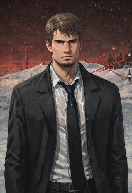 score_9, score_8_up, score_7_up, score_7, score_6_up, kyle_hyde, man, brown hair, stubble, gray eyes, 34 years old, formal black suit, white collared shirt, black necktie, oil painting, high-quality, detailed, hard and soft shadows, crime scene, snow, red lights