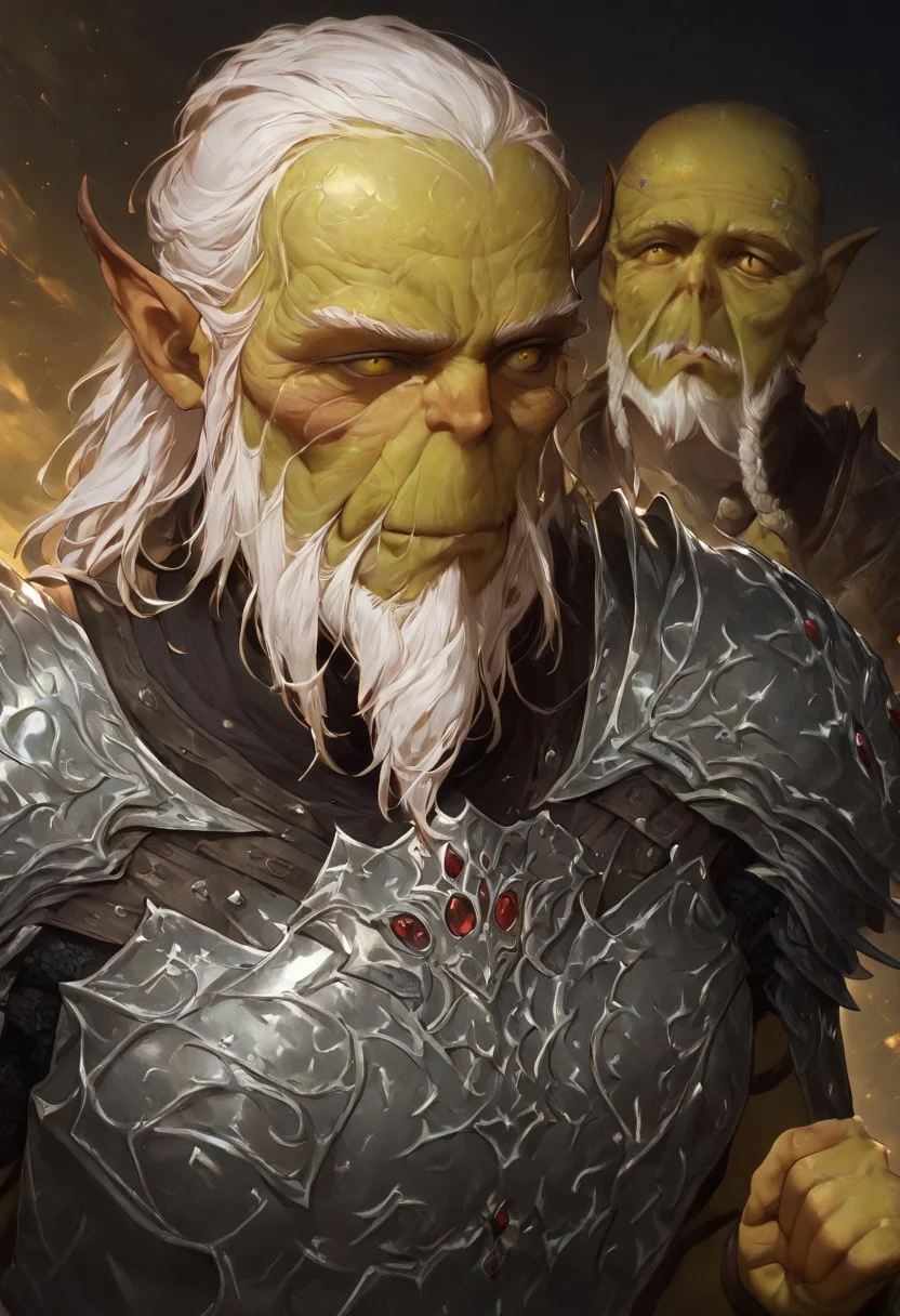 masterpiece, best quality, newest, absurdres, highres, DFCAV1.0, GIV1.0-IL GIV1.0-IL-SA, armor, silver armor, GIV1.0-IL, gith_(d&d), pointy ears, slit pupils, colored skin, 1boy, beard, facial hair, white hair, old, old man, wrinkly,