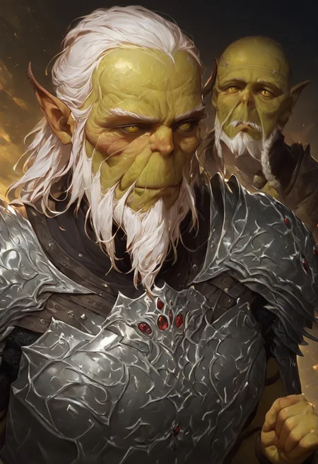 masterpiece, best quality, newest, absurdres, highres, DFCAV1.0, GIV1.0-IL GIV1.0-IL-SA, armor, silver armor, GIV1.0-IL, gith_(d&d), pointy ears, slit pupils, colored skin, 1boy, beard, facial hair, white hair, old, old man, wrinkly,