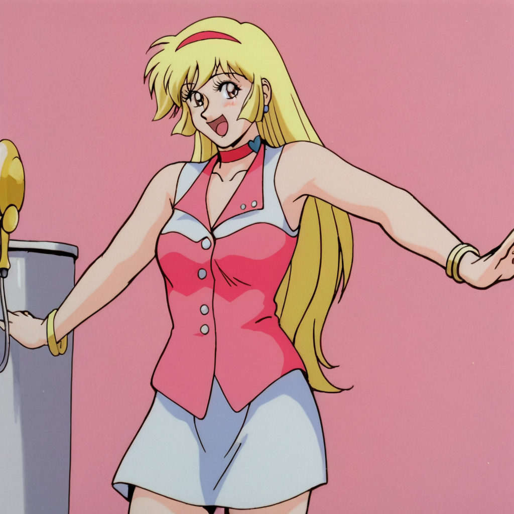 <lora:CutieHoney_pony_v1:.8> Honey, 1girl, blonde hair, retro artstyle, long hair, hairband, jewelry, skirt, bracelet, 1980s (style), 1990s (style), choker, cowboy shot