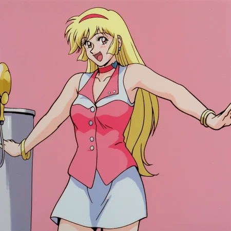 <lora:CutieHoney_pony_v1:.8> Honey, 1girl, blonde hair, retro artstyle, long hair, hairband, jewelry, skirt, bracelet, 1980s (style), 1990s (style), choker, cowboy shot