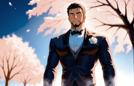 "A handsome anime-style groom in a white wedding tuxedo with a rose boutonniere, standing in a romantic outdoor garden with soft lighting, cherry blossoms falling, and a bright blue sky. He has neatly styled hair, a gentle smile, and elegant posture. Background is dreamy, cinematic, and slightly blurred for depth.<lora:Red_Siamese_Cats_leader__Detective_Conan:.7>, Red Siamese Cats leader, A serious anime-style male  He has short dark hair slicked back, a trimmed beard, The setting is a dramatic, cinematic moment with strong lighting and a tense atmosphere, cowboy shot, 
(,looking at the viewer, steam, sexy)
(very short hair, beard, bara, mature, facial hair, stubble, beard, full beard, sideburn, beard, a lot of beard, ), facial hair,male focus, muscular male, muscular male, bara, mature,  bara, mature, aixiwuganda_(20222192), very awa, masterpiece, best quality, absurdres, newest, perfect quality, detailed background, intricate details,
<lora:slider_Body Type_alpha1.0_rank4_noxattn_last:3><lora:Anime Summer Days 2 Style SDXL_LoRA_Pony Diffusion V6 XL:.6><lora:slider_cfg_scale_boost:.7><lora:Artist6p:.55>, Artist6p, Artist04p,<lora:slider_il_brightness_slider_d1:-1><lora:slider_il_contrast_slider_d1:-1><lora:slider_DarkSlider1.2_alpha1.0_rank16_full_300steps:-.6>