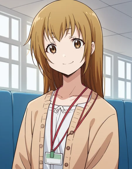 score_9, score_8_up, score_7_up, source_anime, <lora:saya-miyoshi-s1-ponyxl-lora-nochekaiser:1>, saya miyoshi, long hair, brown hair, brown eyes,, collarbone, cardigan, id card, lanyard,, indoors, smile, looking at viewer, solo,, cowboy shot, dutch angle