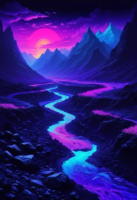 fantasy landscape. Mountains left and right black as coal. in the middle a river made of ultraviolet light
perfection style, vivid colors, colorful, black light