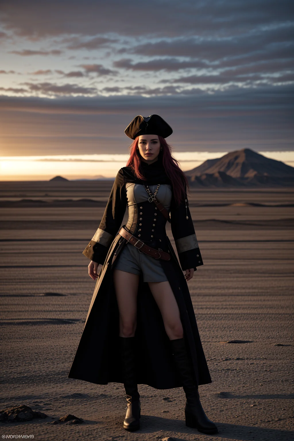 pirate queen, in the stark light of a barren landscape, ethereal energy storm in the sky in background. Award-winning, professional, highly detailed. <lora:picxer_real:0.7>, (HDR, High Dynamic Range, vibrant colors, high contrast, detailed, UltraHD, 8K, cinematic, 80mm, high detail)