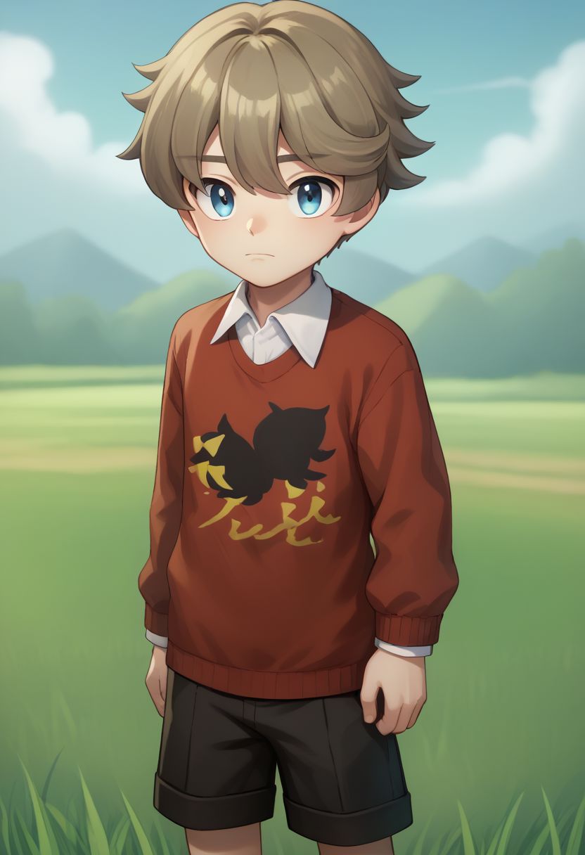 score_9, score_8_up, score_7_up, source_anime, highly detailed, 1boy, solo, 
youngster, 1boy, male focus, blue eyes, solo, brown hair, collared shirt, bangs, closed mouth, stand, shorts, socks, 
outdoor, grass, sky,