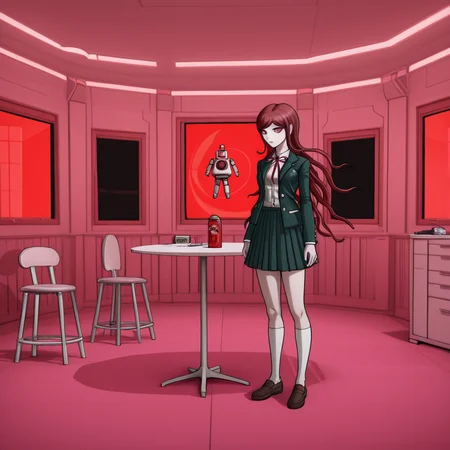 masterpiece, best quality, absurdres, <lora:Danganronpa_Locations:1>, danganronpa sprite style, danganronpa_sprite_style , <lora:Ryoko_Otonashi:0.2>, danganronpa/zero, danganronpa_(series), otonashi_ryouko, 1girl, breasts, red_eyes,red_hair, grey_jacket grey_skirt, dress_shirt, white_shirt, jacket, kneehighs, loafers, long_hair, long_sleeves, neck_ribbon, open_clothes, open_jacket, pleated_skirt, red_ribbon, ribbon,school_uniform, shirt, shoes, skirt, socks, solo,white_socks , pink_room,red_decorations,robot,oval_windows,pink_furniture,red_light,futuristic_interior,pink_walls,round_table,robot_character,red_accent_lighting,cylindrical_robot,retro_science_fiction,circular_pictures,bright_lighting,pink_floor,pink_theme,stool,spotlight_effect,floating_robot,danganronpa,danganronpa_(series),danganronpa_2:_goodbye_despair,danganronpa 2,danganronpa sprite style,danganronpa_sprite_style