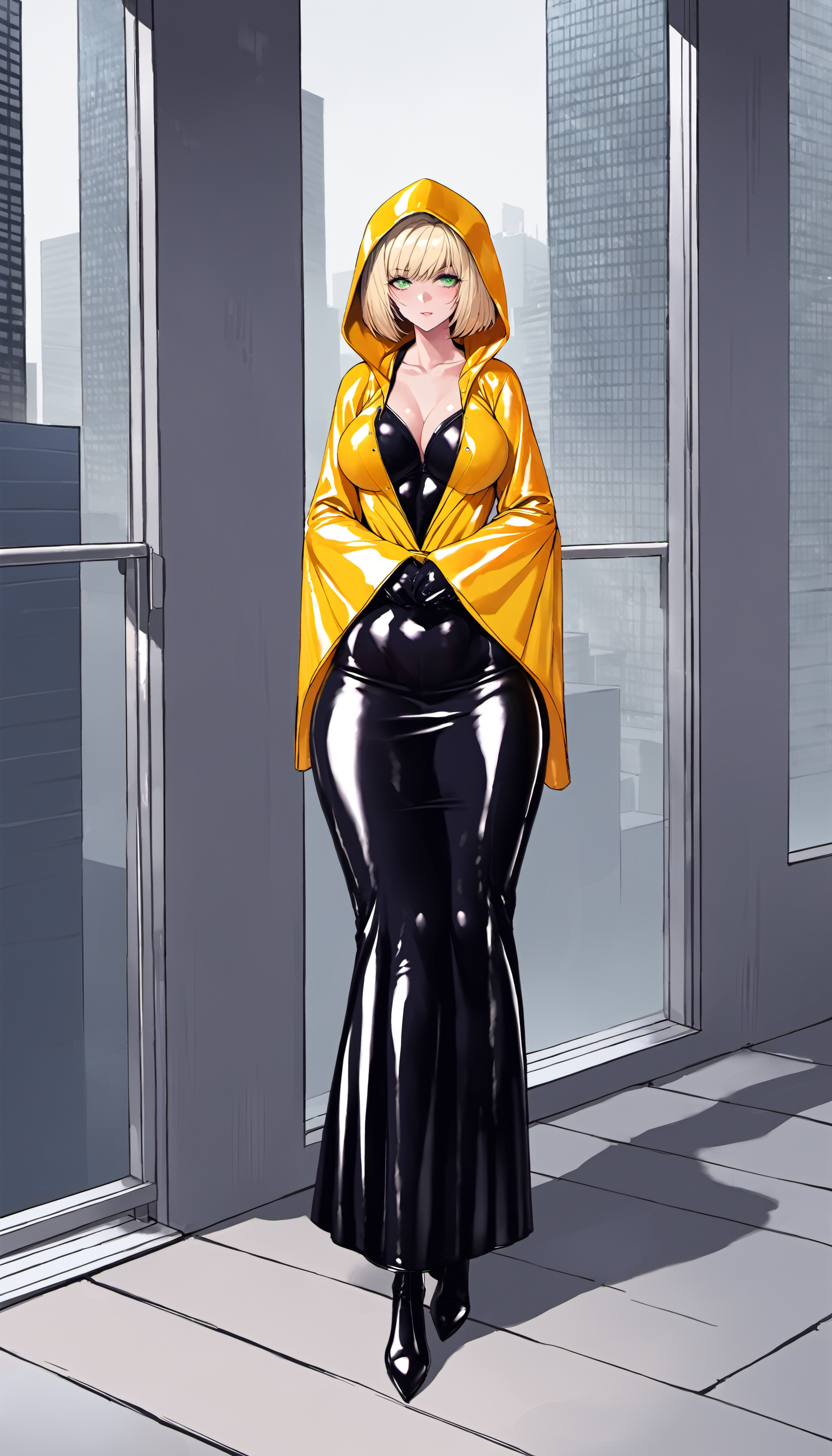 1girl, latex raincoat, (long skirt:1.2),
blonde hair, short hair, green eyes, medium breasts, bob cut,
latex, black latex dress, hoodie, wide sleeves, latex gloves, long sleeves, latex boots, latex legwear, (hood, hood up:1.2),
outdoors, in front of a building, city, skyscraper, cloudy sky, rain,
masterpiece, best quality, ultra detailed, high quality, perfect anatomy, solo, contemporary, full body, walking, pose,
detailed face, detailed eyes, detailed hair, illustration,
 <lora:tesomu-xl-10e:1>