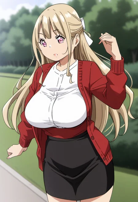 outdoors,
solo,
YukaTanijiri,1girl,blonde hair,half updo,hair_bow,pink eyes,
large breasts,
red cardigan,white shirt,
black skirt,