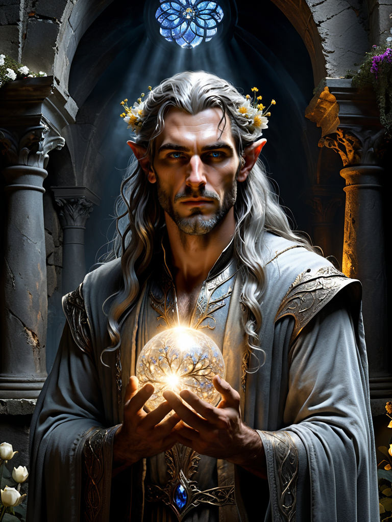 score_9, score_8_up,score_7_up, score_6_up, score_5_up, score_4_up,  full body, a (((man))) with flowers in his hair, cradling a shining light ball, , Sorcerer, standing in ruins, conjuring light, illumination behind body, blue eyes, grey beard, clothed like galadriel,   bushy eyebrows, long grey hair, art station front page, cold colors. insanely detailed, forbidden handsome, avatar image, beautiful deep colors, awe sublime