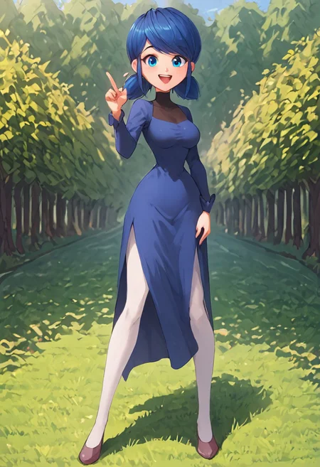 PonyXLV6_Scores, absurd resolution, best quality, ultra-detailed, perfect anatomy, perfect eyes, <lora:xl_more_art-full_v1:0.7>, <lora:Detailed_anime_style:0.4>, <lora:LCM&TurboMix:1.0>, <lora:Expressiveh:0.5>, Expressiveh, (hand with four fingers and one thumb), BREAK 1girl, full body, <lora:MarinetteDuChang_(Miraculous Ladybug Movie ver.)_epoch_5:1>, m_marinette, 1girl, short blue hair, low twintails, blue eyes, large breasts, curvaceous, standing, looking at viewer, happy smile, joy, (<lora:blue_concert-06:1>, (blue shirtdress, v-neck, white feather neckline, blue buttons, long sleeves, blue sleeves, knee-length dress, white feather hemline,), (black turtleneck, sleeveless, shirtdress over turtleneck,), white pantyhose, ), cowboy shot, BREAK (park, bushes, grass, no men, 1girl, solo,),