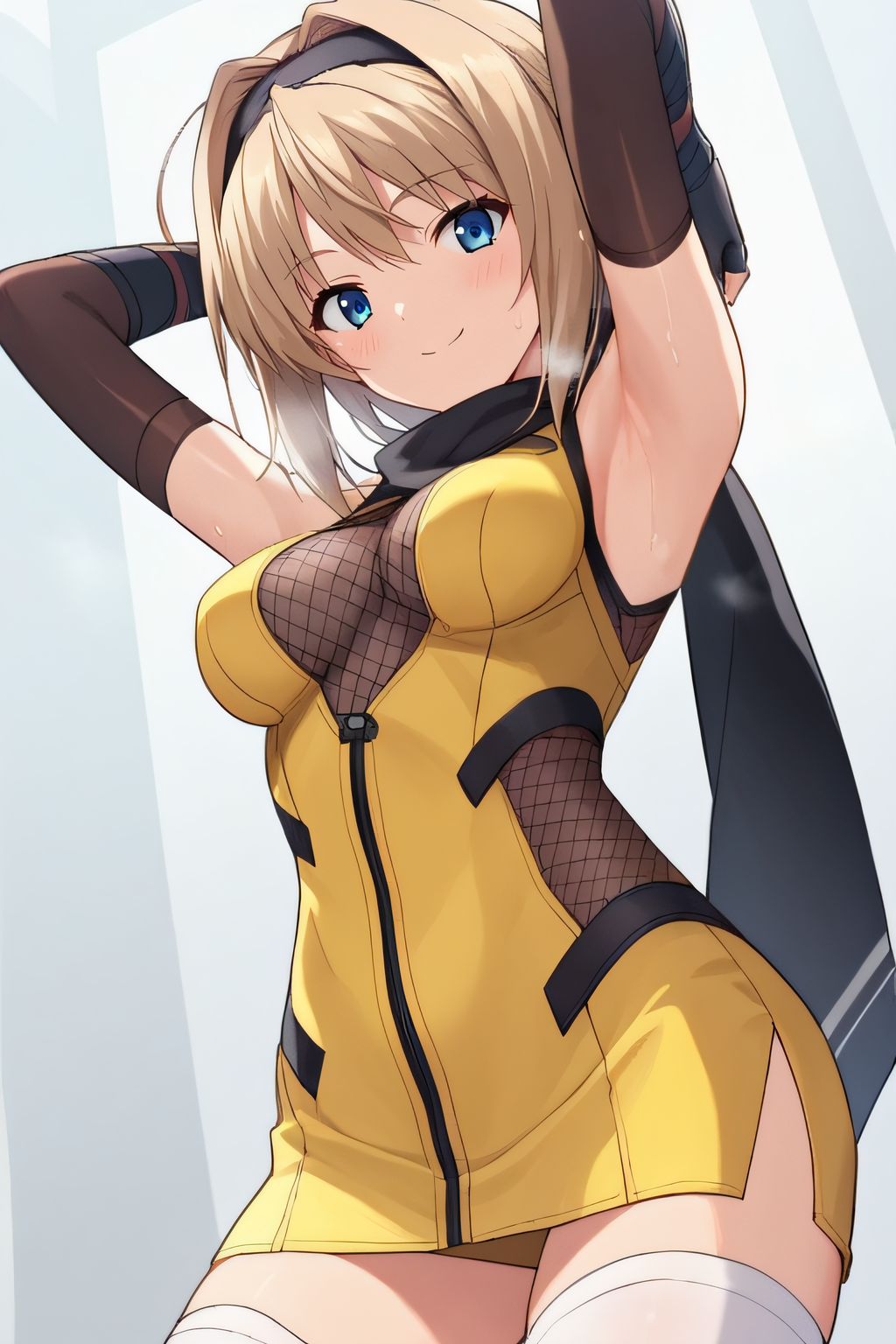 score_9, score_8_up, score_7_up, source_anime, rating_safe, intricate details, anime screencap, official style, 1girl, solo, <lora:Haruka:1>, haruka, long hair, light brown hair, low ponytail, hairband, blue eyes, black scarf, ninja, yellow clothes, medium breasts, fishnet cleavage, white hair ribbon, fingerless gloves, black elbow gloves, zettai ryouiki, micro skirt, white thigh highs, smile, cowboy shot, hands behind head, armpits, breath, sweaty body, blush, from below