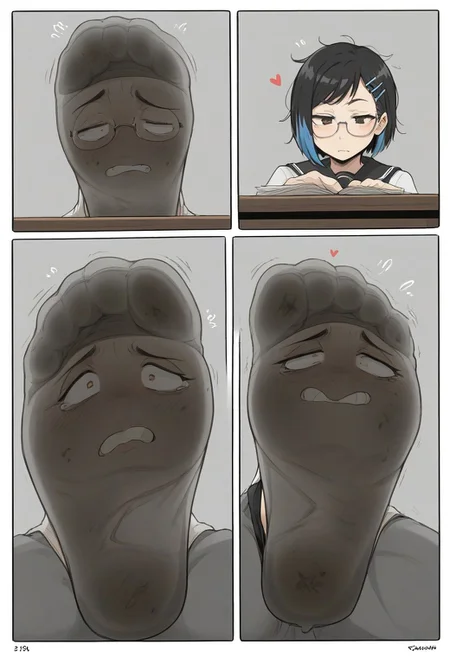 score_9, score_8_up, score_7_up, 
comic panels,2panels ,
[panel1 ： detailed , 1girl, (black hair:1.1), highlights in hair, blue highlights, bob cut hair style, messy hair, hair clip, hazel eyes, square frame glasses, black frame glasses, school uniform, short skirt, blue and white socks,  school，classroom,sitting on a chair,] ,
[ panel2 ：Stretch out your socked feet, the soles of your socked feet, the focus of your soles,Looking from below, looking down,]manga page,manga layout, panels, manga panels, page layoutcomic panels, manga page, speedlines, cover,  hearts, living socks, socks have detailed faces on soles, dirty socks, smelly socks,