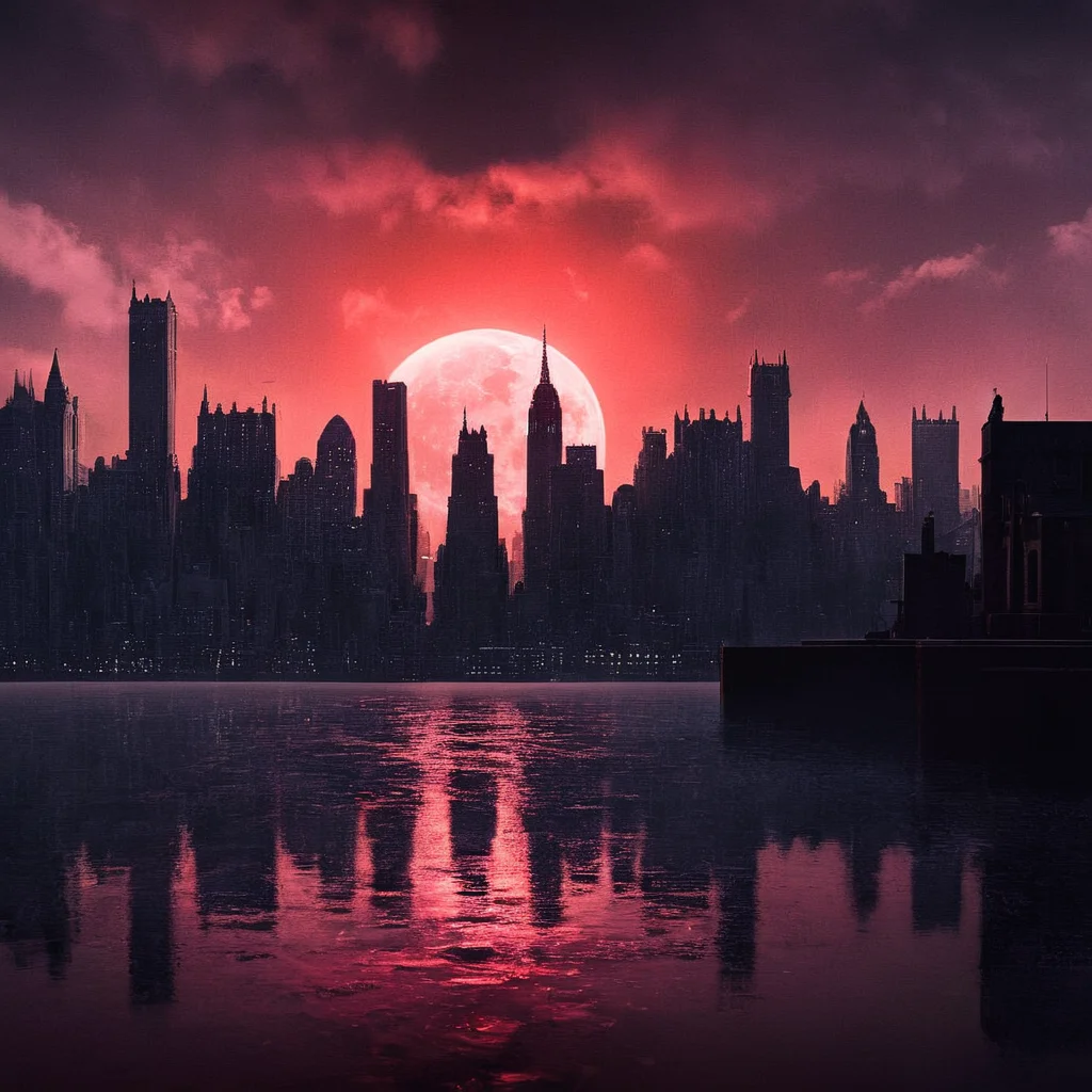cinematic film still of <lora:perfection style:0.6>
<lora:gotham city style v2:0.8>
<lora:Chiaroscuro Lighting Style:0.6>
In Gotham City a painting of a city with a full moon and red sky,outdoors,sky,cloud,water,no humans,night,moon,cloudy sky,building,scenery,full moon,reflection,city,silhouette,tower,red moon,fog,red sky , detailed, real, different, unique, cinematic, dramatic, concept art, filmic, detailed background, detailed settings, artstation, gothic New York, gotham city style, shallow depth of field, vignette, highly detailed, high budget, bokeh, cinemascope, moody, epic, gorgeous, film grain, grainy