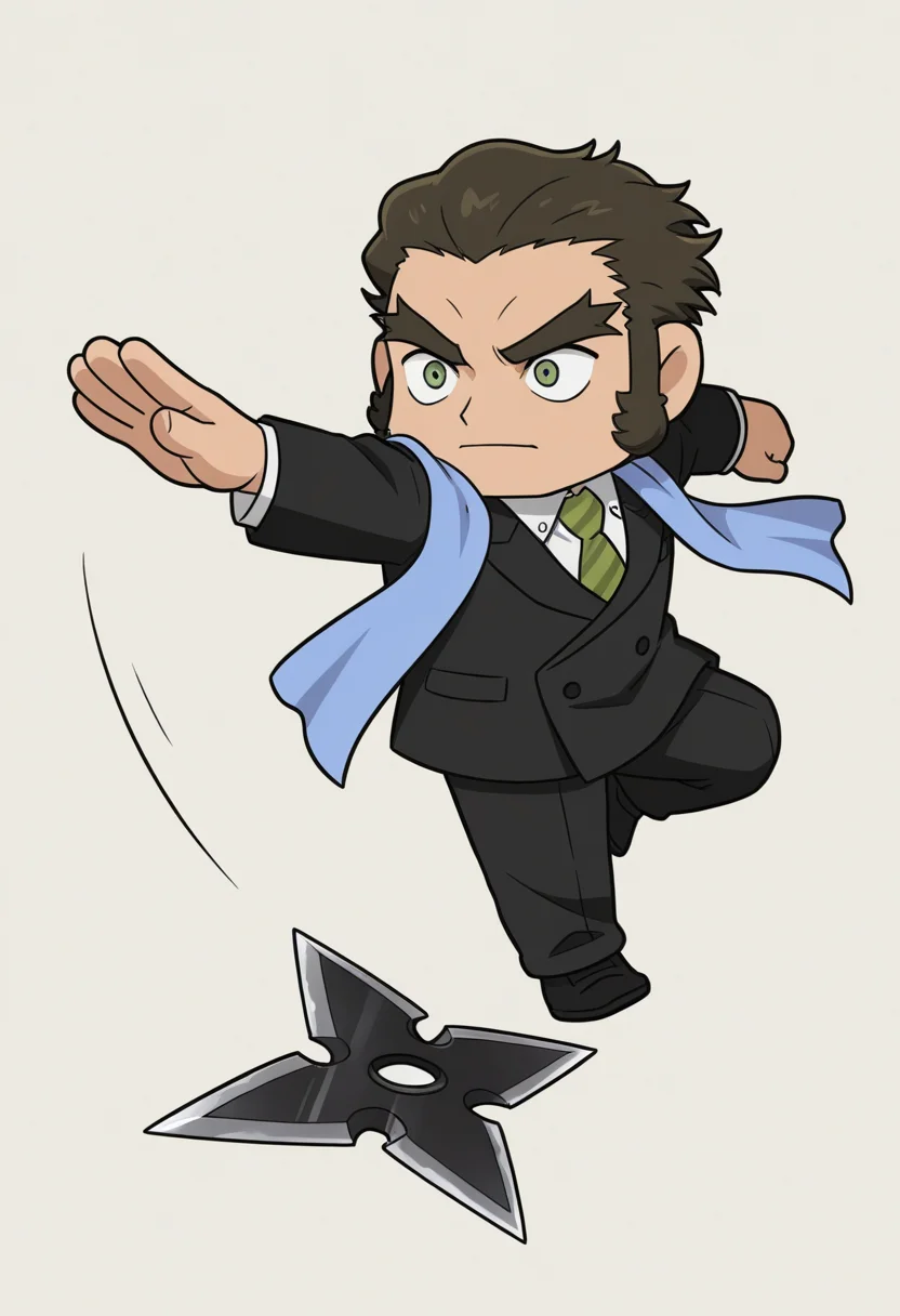 1boy, simple background, (chibi:1.3), running, dynamic pose, holding shuriken, obscured by shuriken, throwing, shuriken, outstretched arm, motion blur,
BREAK
<lora:Brian_D._Kadokura_from_Detective_Conan_The_Million-dollar_Pentagram_v1.0:1>
briandkadokura, mature male, brown hair, green eyes, thick eyebrows, forked eyebrows, long sideburns,
BREAK
black suit, white shirt, collared shirt, green necktie, striped necktie, blue scarf,
BREAK
very awa, masterpiece, best quality, absurdres, newest, perfect quality, detailed background, intricate details,