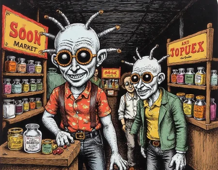 illustration, an open market where vendors sell strange goods their exaggerated faces full of intensity as they hawk their wares the people shopping are just as bizarre with oversized heads and comically small bodies moving through the chaotic space every stall filled with odd trinkets and handmade itemsr0b3rt_crum8