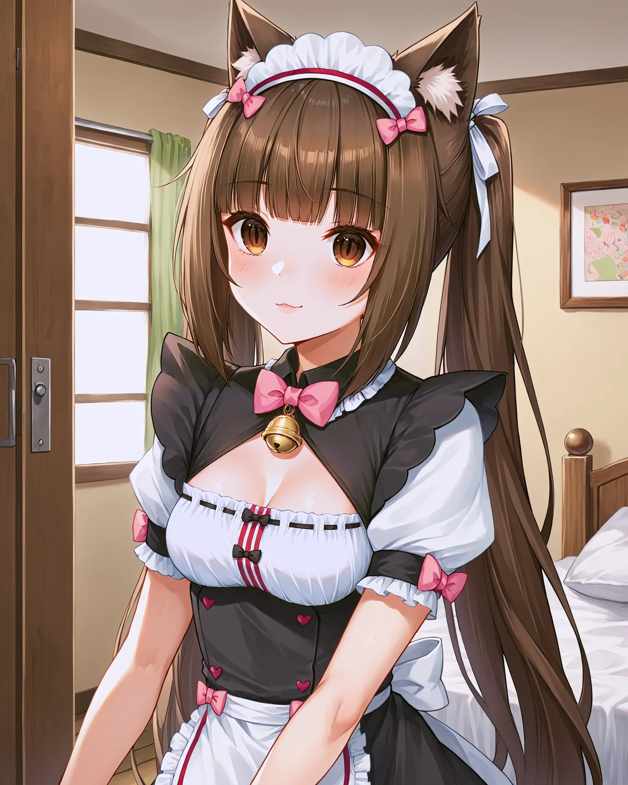 <lora:Neko_Chocola_XL:0.7> chocola, brown eyes, brown hair, bangs, blunt bangs, cat girl, cat ears, cat tail, long hair, twintails, very long hair, bow, ribbon, bell, neck bell, hair ribbon, maid headdress, maid, frills, clothing cutout, cleavage cutout, short sleeves, puffy sleeves, wrist cuffs, puffy short sleeves, apron, waist apron, frilled apron, upper body,, <lora:9_Detail_Tweaker_XL:0.8>, score_9, score_8_up, score_7_up, source_anime, masterpiece, best quality, highly detailed background, cinematic lighting, detailed eyes, perfect face,, lazy, teenager room, messy, bedroom, bed sheet, closet,