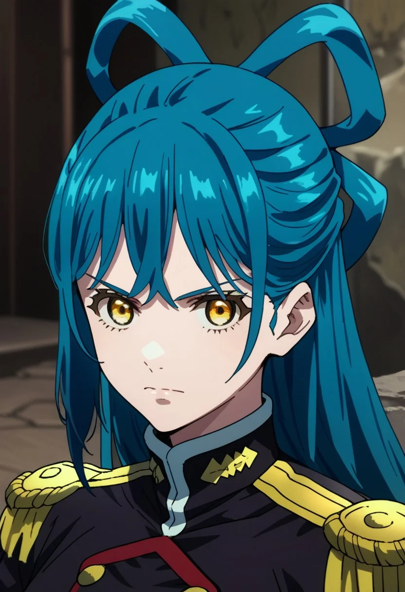 score_9,score_8_up,score_7_up,source_anime,HIMARI_AZUMA,1girl,solo,long hair,looking at viewer,closed mouth,blue hair,jacket,yellow eyes,black jacket,uniform,military,military uniform,parody,portrait,hair rings,epaulettes,straight-on,hair behind ear,