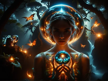 ethereal fantasy concept art of  
 <lora:bubble_watercolours_LCM:0.8>Dubrec styleï¼Girl head portraitï¼Jungle mountains image foregroundï¼ï¼multiple exposureï¼1.8ï¼ï¼Complex illustrations in surrealist art styleï¼Surreal dreams  <lora:ral-exposure:0.8> ral-exposure  A surreal forest guardian, holding a glowing orb
 . magnificent, celestial, ethereal, painterly, epic, majestic, magical, fantasy art, cover art, dreamy