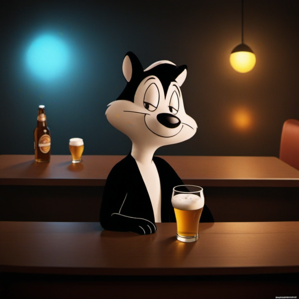 cinematic photo a cartoon character having a beer in a pub with a cartoon female cat <lora:Pepe1024:0.8> . 35mm photograph, film, bokeh, professional, 4k, highly detailed