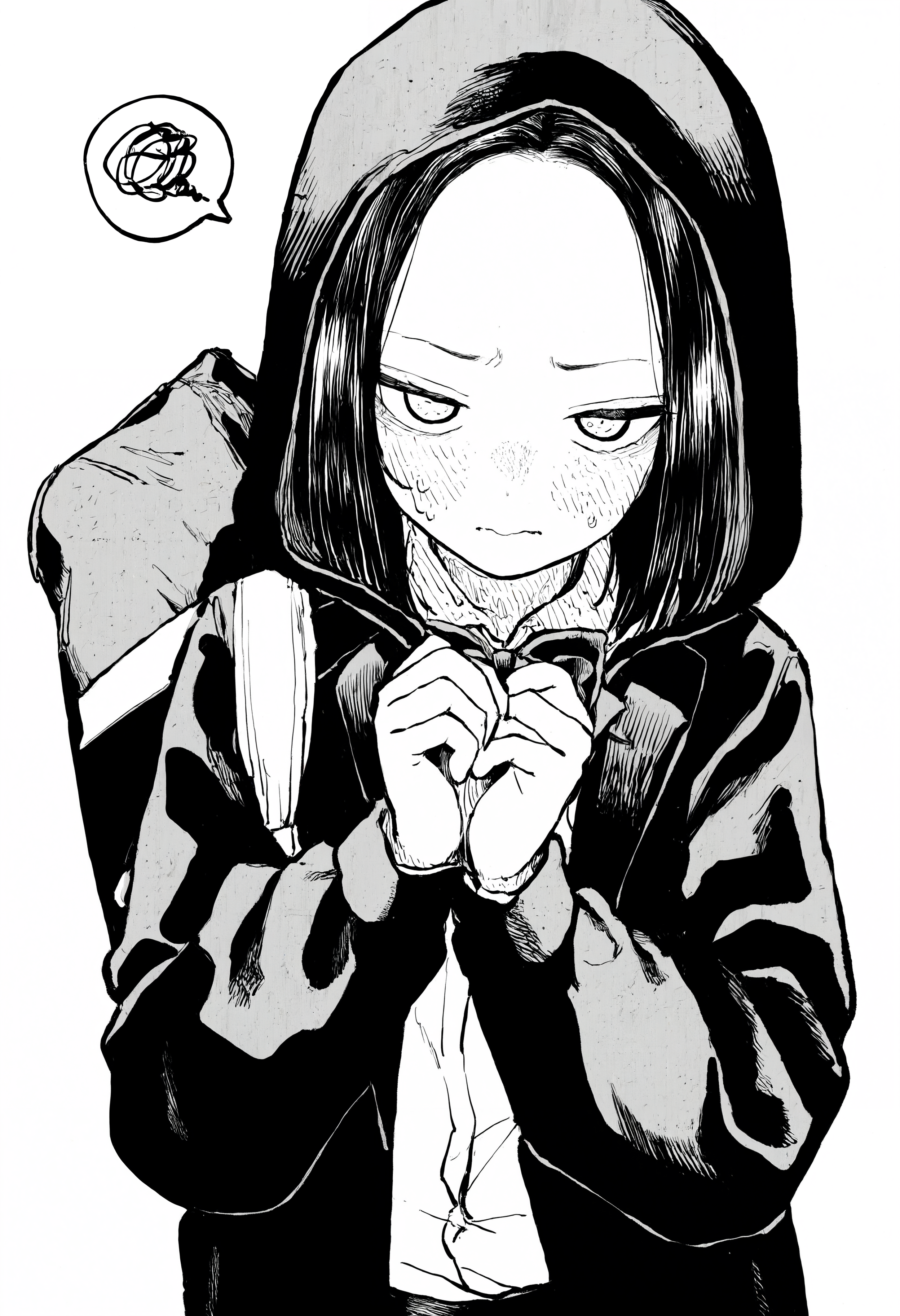 masterpiece, highres, absurdres, newest, very awa, monochrome, greyscale,  1girl, solo, medium hair, black hair, hair between eyes, forehead, school uniform, school bag, hood up, bowtie, blush, own hands together, fidgeting, spoken squiggle, looking at viewer,  

<lora:spo_sdxl_10ep_4k-data_lora_webui>,  <lora:NOOB_EPSv1_1_detailer_by_vlnvk_v1_0>, <lora:noobai_ep11_stabilizer_v0.30_fp16>, <lora:ihsuta3:0.8>