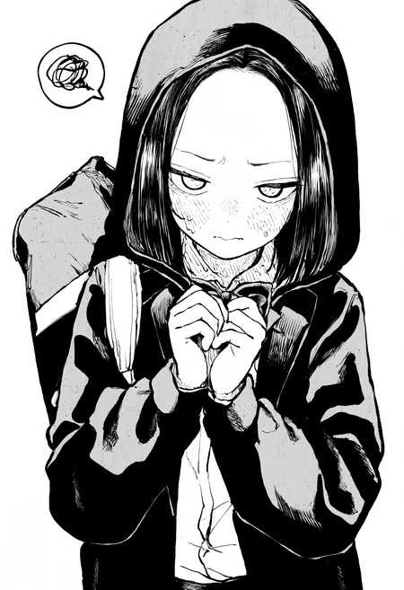 masterpiece, highres, absurdres, newest, very awa, monochrome, greyscale, 1girl, solo, medium hair, black hair, hair between eyes, forehead, school uniform, school bag, hood up, bowtie, blush, own hands together, fidgeting, spoken squiggle, looking at viewer,
<lora:spo_sdxl_10ep_4k-data_lora_webui>, <lora:NOOB_EPSv1_1_detailer_by_vlnvk_v1_0>, <lora:noobai_ep11_stabilizer_v0.30_fp16>, <lora:ihsuta3:0.8>