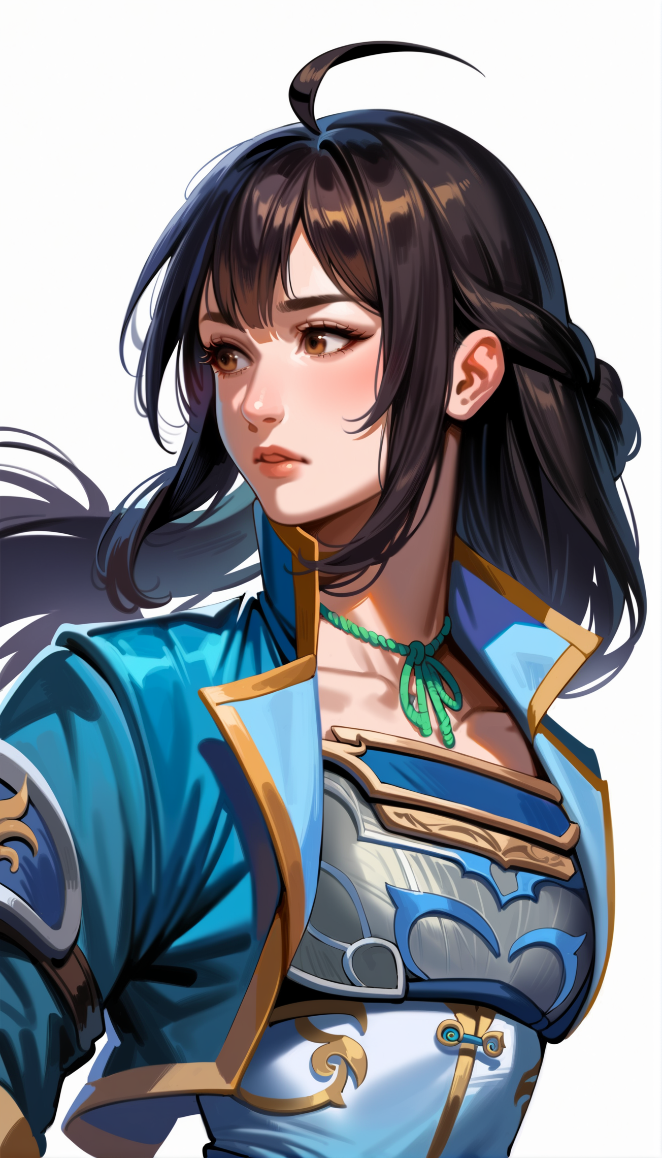 score_9,score_8_up,score_7_up,<lora:xinxianying>,xinxianying,
1girl,solo,long black hair,bouncing hair,bangs,ahoge,brown eyes,looking to the side,default costume,rope choker,upper body,facing viewer,backlighting,white background,