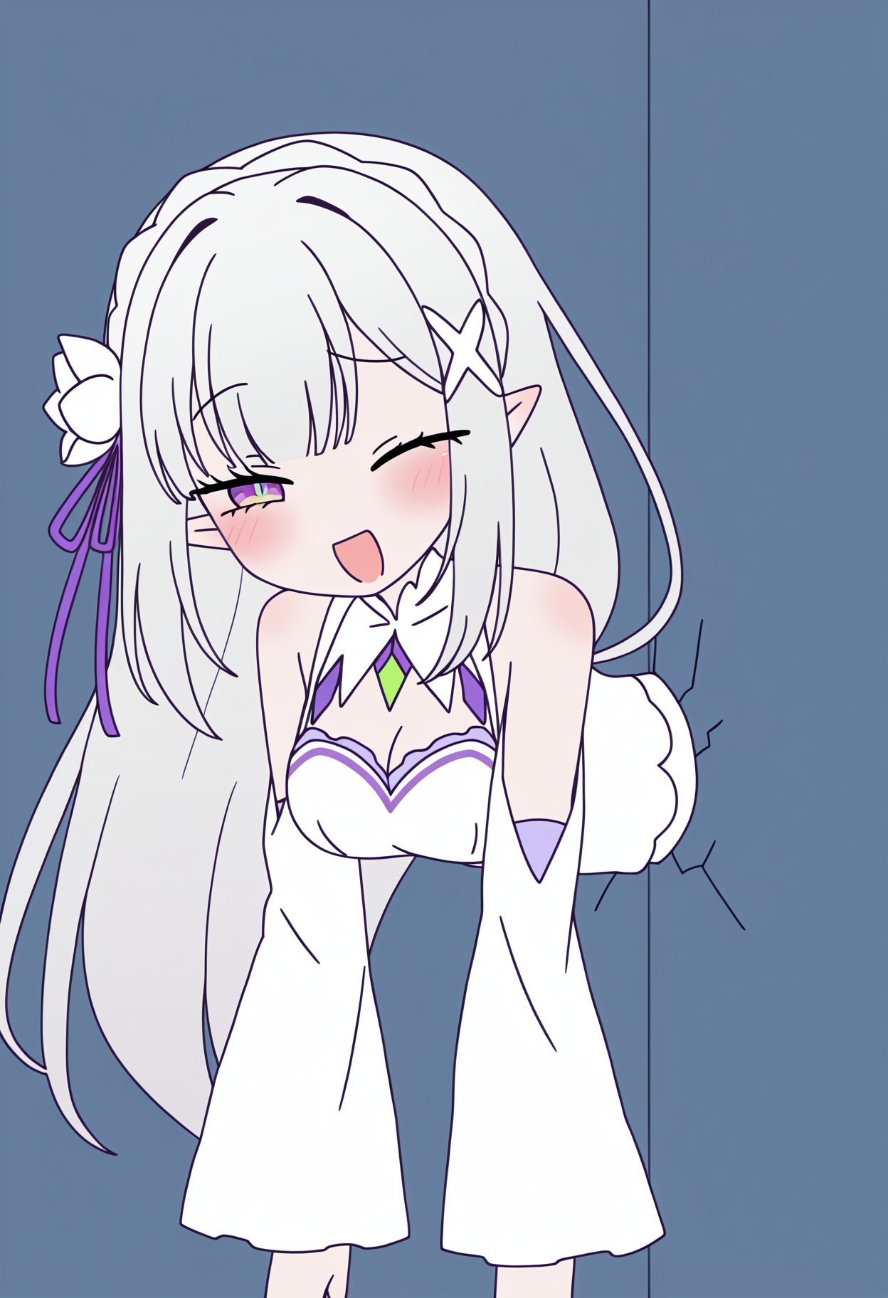 masterpiece, best quality, high resolution, source_anime, highly detailed illustration, detailed eyes,  
very aesthetic, absurdres, newest, amazing quality, 
<lora:shiRabbitHoleStyleConceptV1ill:1>, shirbtlestyle, shirbtwall, through wall, cracked wall, stuck, one eye closed,  chibi, blush, smile, looking at viewer, open mouth, half-closed eyes,
<lora:shiEmiliaV12ill:0.8> shimilia, long hair, grey hair, pointy ears, crown braid, hair flower, hair ribbon, purple ribbon, x hair ornament, white dress, cleavage, bare shoulders, wide sleeves,