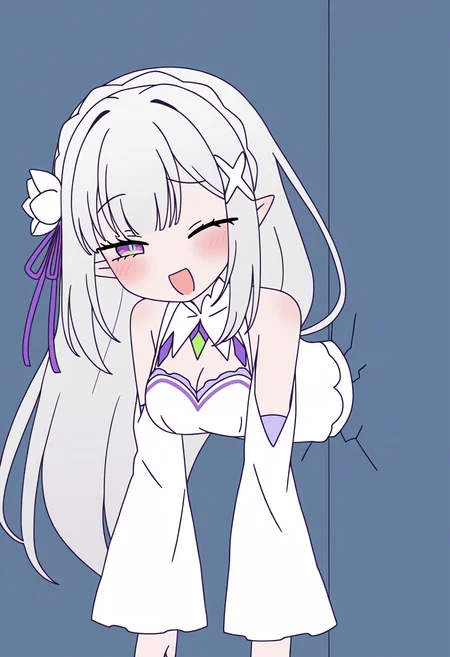 masterpiece, best quality, high resolution, source_anime, highly detailed illustration, detailed eyes,
very aesthetic, absurdres, newest, amazing quality,
<lora:shiRabbitHoleStyleConceptV1ill:1>, shirbtlestyle, shirbtwall, through wall, cracked wall, stuck, one eye closed, chibi, blush, smile, looking at viewer, open mouth, half-closed eyes,
<lora:shiEmiliaV12ill:0.8> shimilia, long hair, grey hair, pointy ears, crown braid, hair flower, hair ribbon, purple ribbon, x hair ornament, white dress, cleavage, bare shoulders, wide sleeves,