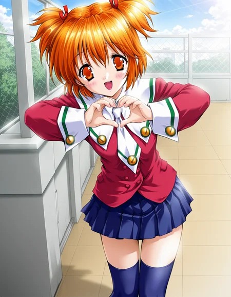 masterpiece, best quality, amazing quality, very aesthetic, absurdres, official art, ultra detailed, game cg,
1girl, solo, komatsubara_taeko, orange hair, twintails, short hair, orange eyes,
school uniform, blue skirt, blue thighhighs, BREAK
blush, smile, open mouth, looking at viewer,
standing, heart hands,
upper body, in Schoolyard, day, best hands<lora:Komatsubara Taeko v1.0-000014:1>