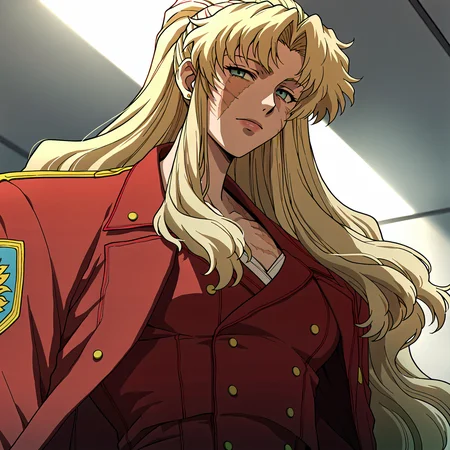 <lora:SlimesBalalaika:1>, score_9, score_8_up, score_7_up, slimes_balalaika, woman, solo, red suit, blonde hair, (scar:1.2), straight on view, waist up