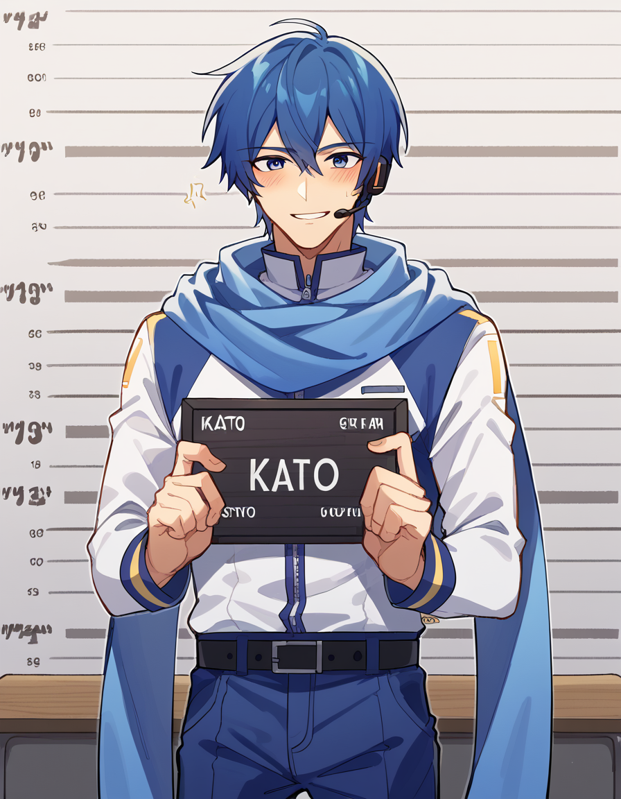 score_9, score_8_up, score_7_up, source_anime, <lora:vocaloid-kaito-ponyxl-lora-nochekaiser:1>, kaito, kaito (vocaloid), blue eyes, blue hair, male focus,, belt, blue pants, blue scarf, blue shirt, coat, headset, microphone, pants, scarf, see-through clothes, zipper, classroom, desks, chalkboard, students, teacher, smile, <lora:barbie-mugshot-ponyxl-lora-nochekaiser:1> barbie mugshot, barbie mugshot (meme) height mark, holding sign, nameplate, height chart, sign, meme, blush, cowboy shot, looking at viewer, solo,, dutch angle, cowboy shot