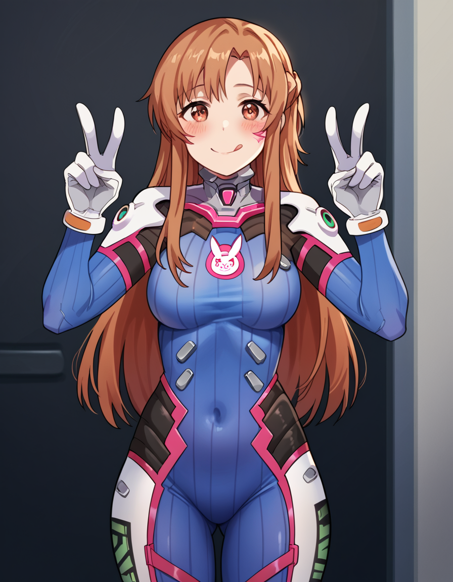 score_9, score_8_up, score_7_up, source_anime, asunayuuki, <lora:asuna-yuuki-s1-ponyxl-lora-nochekaiser:1>, asuna yuuki, long hair, brown hair, brown eyes, medium breasts,, <lora:overwatch-dva-cosplay-ponyxl-lora-nochekaiser:1>, overwatch dva cosplay, d.va (overwatch) (cosplay), bodysuit, cosplay, covered navel, skin tight, vertical-striped bodysuit, streets, smile, blush, v, v over eye, tongue out, cowboy shot, looking at viewer