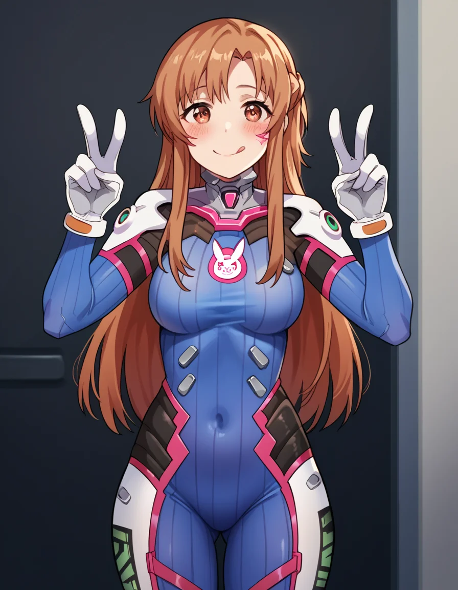 score_9, score_8_up, score_7_up, source_anime, asunayuuki, <lora:asuna-yuuki-s1-ponyxl-lora-nochekaiser:1>, asuna yuuki, long hair, brown hair, brown eyes, medium breasts,, <lora:overwatch-dva-cosplay-ponyxl-lora-nochekaiser:1>, overwatch dva cosplay, d.va (overwatch) (cosplay), bodysuit, cosplay, covered navel, skin tight, vertical-striped bodysuit, streets, smile, blush, v, v over eye, tongue out, cowboy shot, looking at viewer