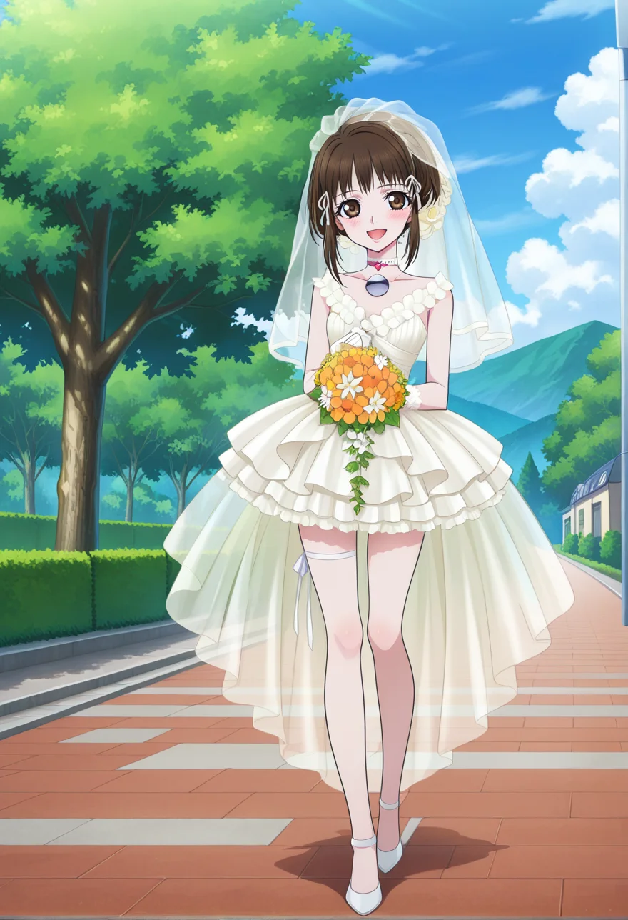 open smile, blush,
full body, dynamic angle,
BREAK,
<lora:reala_illustriousXL_v01:0.95>
realarnd, realawed, brown hair, brown eyes, short hair, bridal veil, hair ribbon,
pendant choker, wedding dress, sleeveless, white gloves, layered dress, short dress,
thigh ribbon, white footwear, white high heels,, source_anime, very aesthetic, anime coloring, masterpiece,
best quality, amazing quality, ultra detailed, very aesthetic,
detailed background,
BREAK,, street, trees, clouds, day,