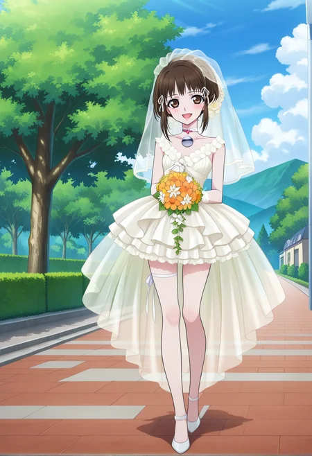 open smile, blush,
full body, dynamic angle,
BREAK,
<lora:reala_illustriousXL_v01:0.95>
realarnd, realawed, brown hair, brown eyes, short hair, bridal veil, hair ribbon,
pendant choker, wedding dress, sleeveless, white gloves, layered dress, short dress,
thigh ribbon, white footwear, white high heels,, source_anime, very aesthetic, anime coloring, masterpiece,
best quality, amazing quality, ultra detailed, very aesthetic,
detailed background,
BREAK,, street, trees, clouds, day,