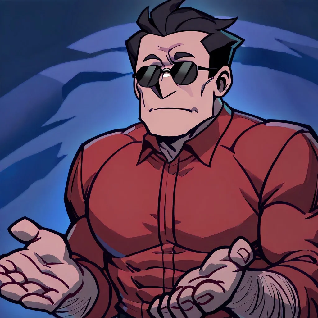 masterpiece, best quality, newest, absurdres, highres, anime, anime style, Gues-I'll-Die-IL.V1.0 Gues-I'll-Die-IL.V1.0-NOTEXT, 1boy, helltaker \(helltaker\), sunglasses, glasses, black hair, short hair, muscular, muscular male