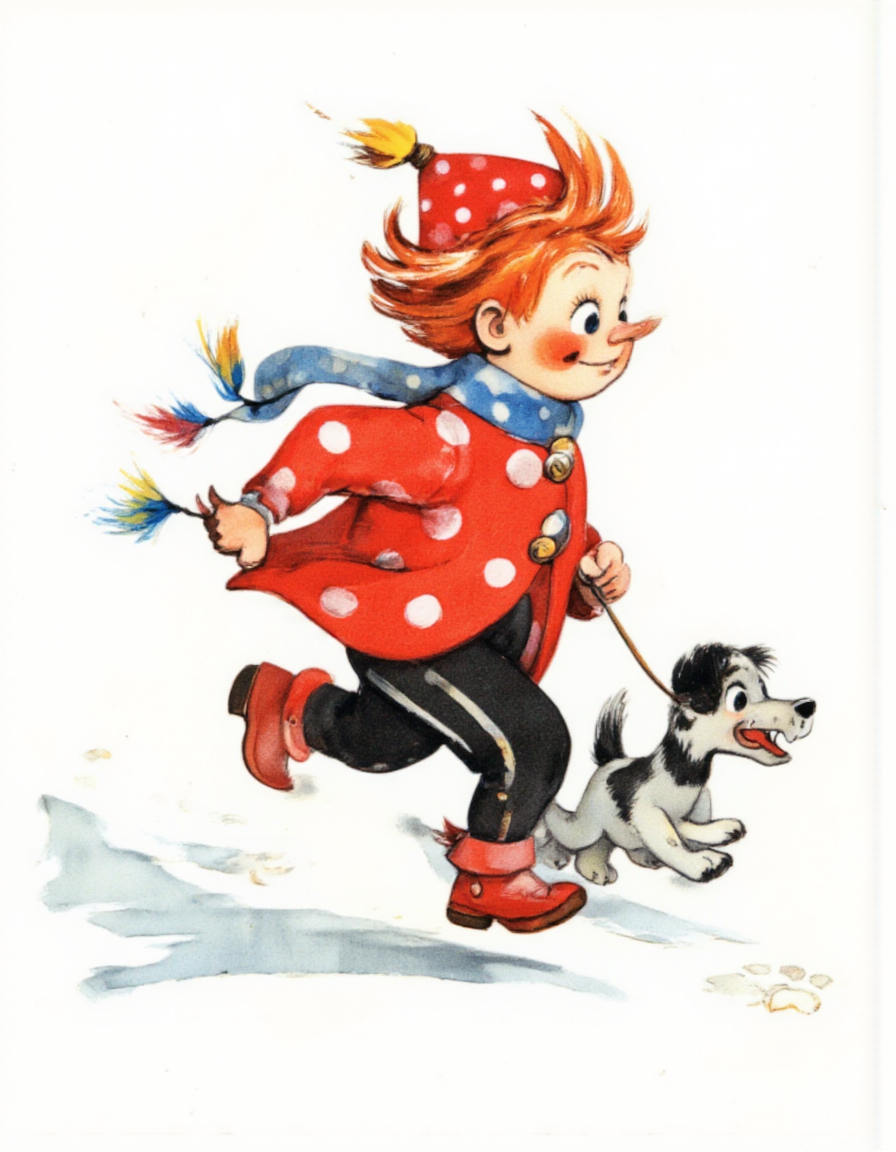 <lora:LV_NEW:1>, This is a colorful, whimsical drawing in a cartoon style, depicting a cheerful, young boy and his dog. The boy, who appears to be around six years old, is running to the right, holding a leash in his right hand. He has bright red hair that is tousled and sticking up, and he wears a red hat with a blue polka dot pattern and a yellow bell on top. His eyes are large and expressive, and his rosy cheeks add to his animated appearance. He is dressed in a red coat with large, white polka dots, black pants with white stripes, and red boots. The dog he is walking is small and white with black patches on its face and ears, and it has a playful expression. The dog is walking to the right on a leash, and its paws are leaving small, white paw prints in the snow. The background is plain white, making the vibrant colors of the boy and dog stand out prominently. The drawing has a playful, lively atmosphere, with soft, textured brushstrokes that give it a hand-drawn, sketch-like quality. The overall style is reminiscent of classic children's book illustrations, evoking a sense of joy and adventure., 
Show less
