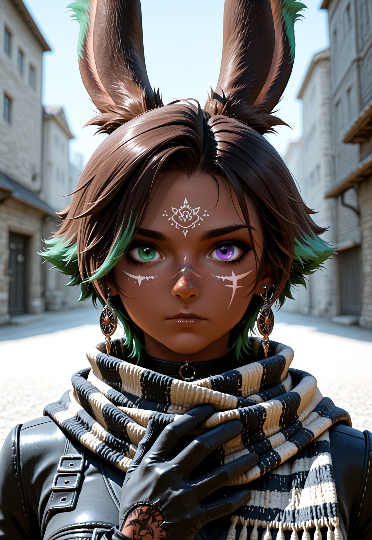 masterpiece, very aesthetic, high score, newest, best quality, FF_V13R4, 1girl, solo, looking at viewer, short hair, brown hair, gloves, animal ears, jewelry, closed mouth, purple eyes, multicolored hair, earrings, green hair, dark skin, scarf, rabbit ears, two-tone hair, tattoo, heterochromia, scar, facial mark, portrait, viera