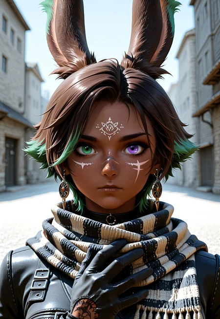 masterpiece, very aesthetic, high score, newest, best quality, FF_V13R4, 1girl, solo, looking at viewer, short hair, brown hair, gloves, animal ears, jewelry, closed mouth, purple eyes, multicolored hair, earrings, green hair, dark skin, scarf, rabbit ears, two-tone hair, tattoo, heterochromia, scar, facial mark, portrait, viera